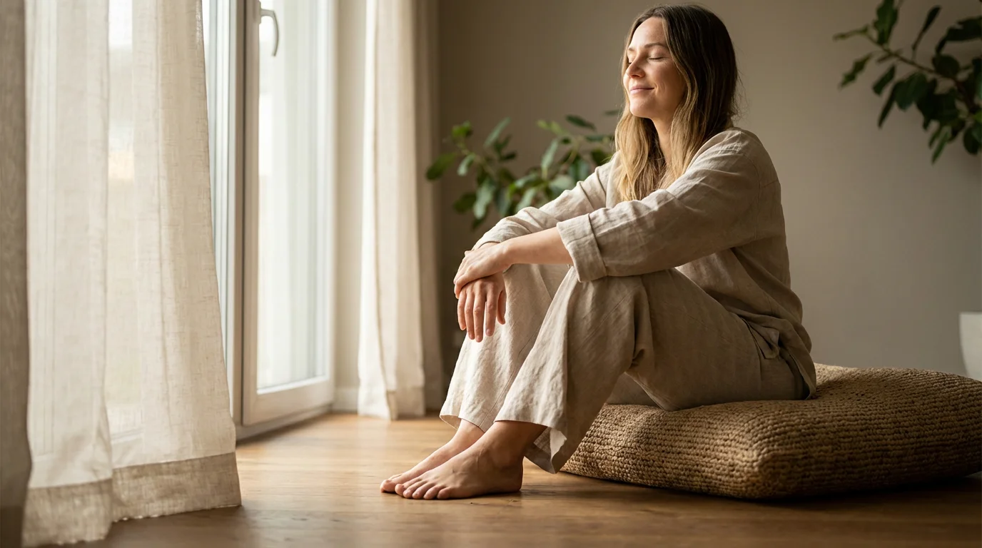 Woman sitting on floor cushion practicing mindfulness meditation in natural window light.